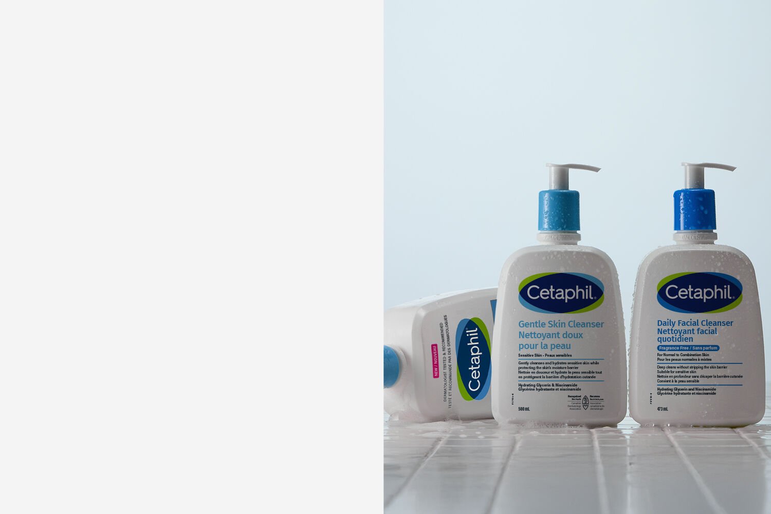 cetaphil cleansers on display over bathtub
